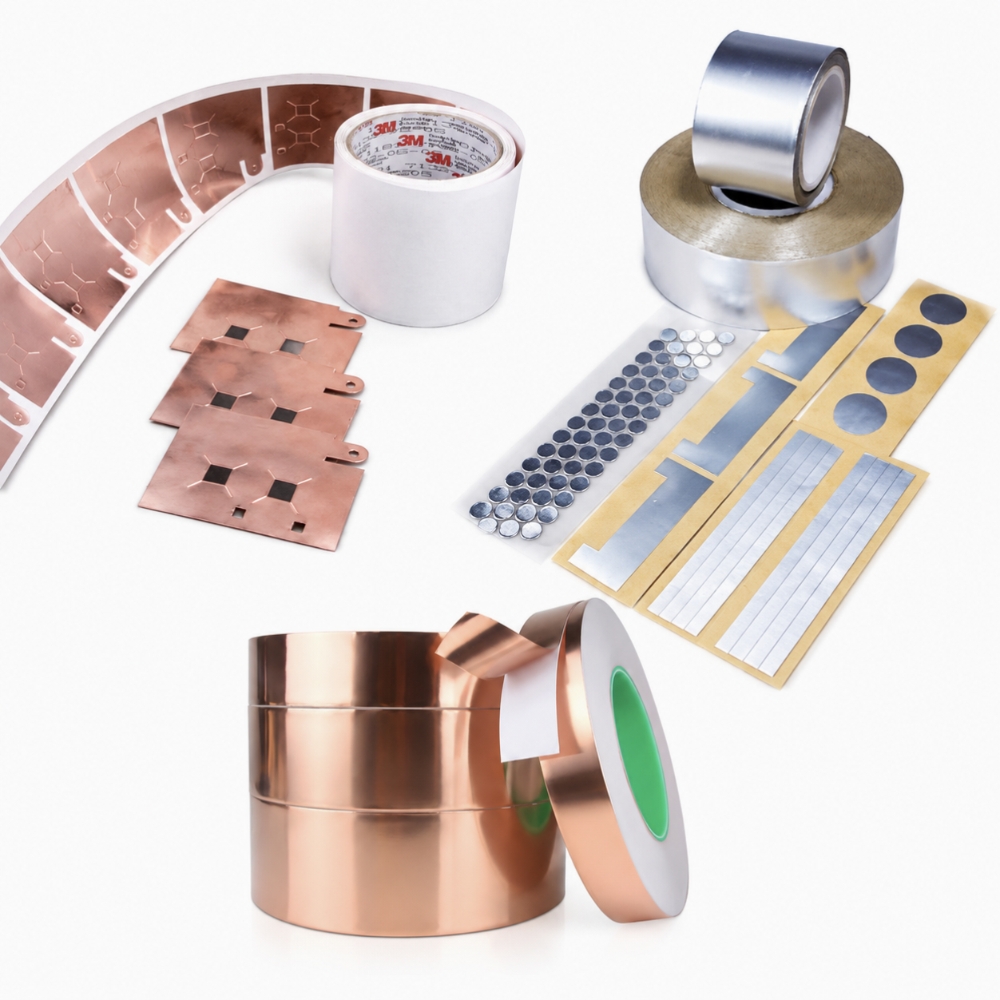 Rolled and die-cut copper and aluminum foil tapes offering broadband EMI RFI shielding, electrical grounding, and planar heat spreading
