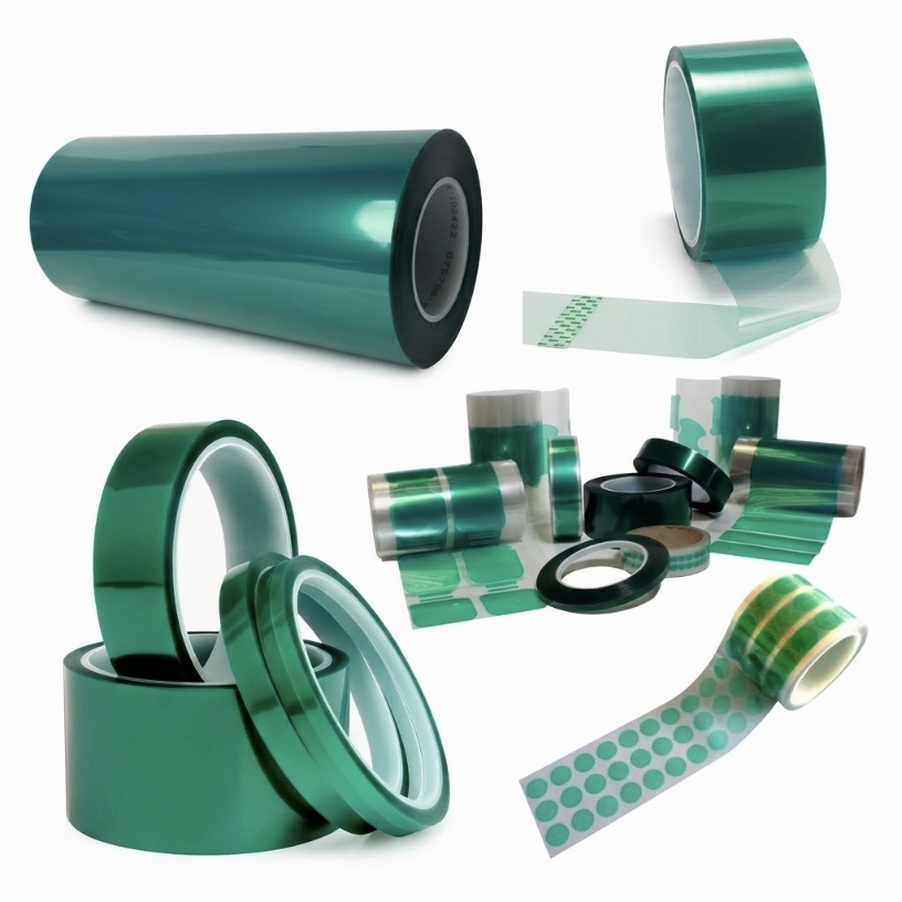 High-temperature green PET polyester masking tapes, including log rolls, precision slit coils, and die-cut masking discs with silicone adhesive for powder coating and PCB plating.