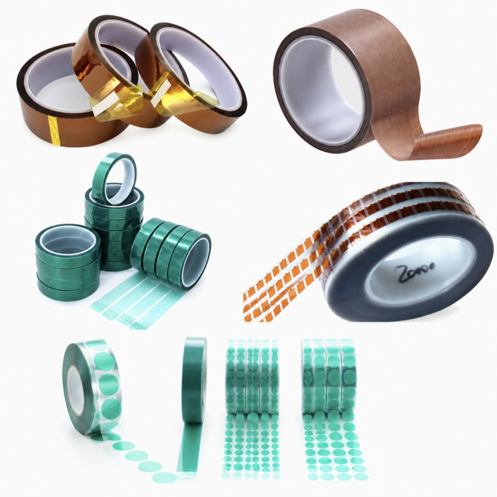 High-temperature masking tapes, heat-resistant green PET rolls, and die-cut polyimide Kapton dots for SMT gold finger protection.