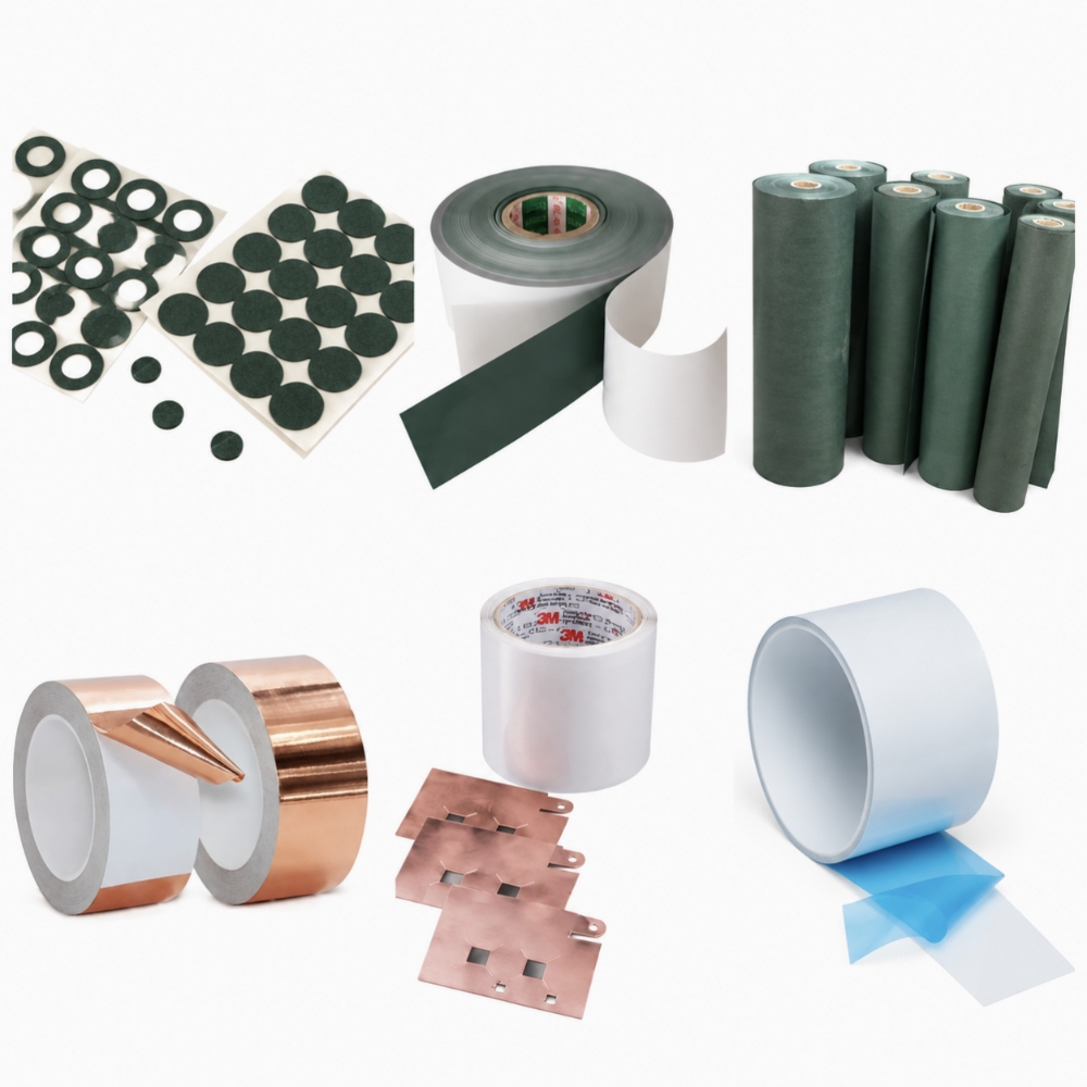 Die-cut electrical insulation barriers and EMI shielding materials, including flame-retardant Formex GK, green fish paper, and conductive copper foil.