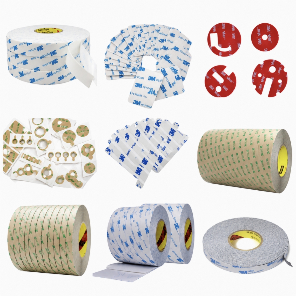 Converted genuine 3M adhesive tapes, including precision-slit VHB rolls and standalone kiss-cut preforms with pull tabs.