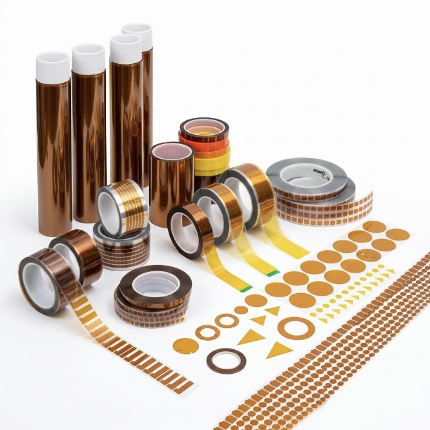 High-temperature green PET polyester masking tapes, including log rolls, precision slit coils, and die-cut masking discs with silicone adhesive for powder coating and PCB plating.