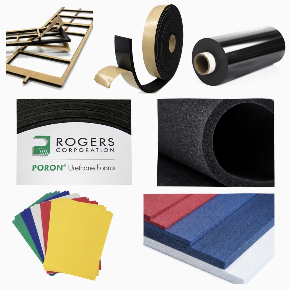 Custom die-cut elastomeric foam gaskets, sealing rings, and shock-absorbing pads converted from Rogers PORON, EVA, and silicone sponge.