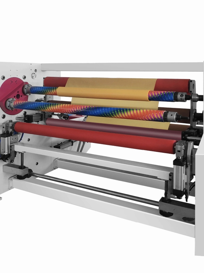 Precision adhesive tape slitting machines and dedicated core rewinder for narrow-web converting