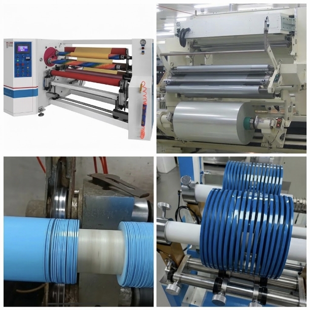 Four-panel showcase of precision slitting and rewinding equipment, featuring industrial roll slitter-rewinders, cleanroom film converting, lathe log slitting, and finished narrow-width adhesive tape rolls
