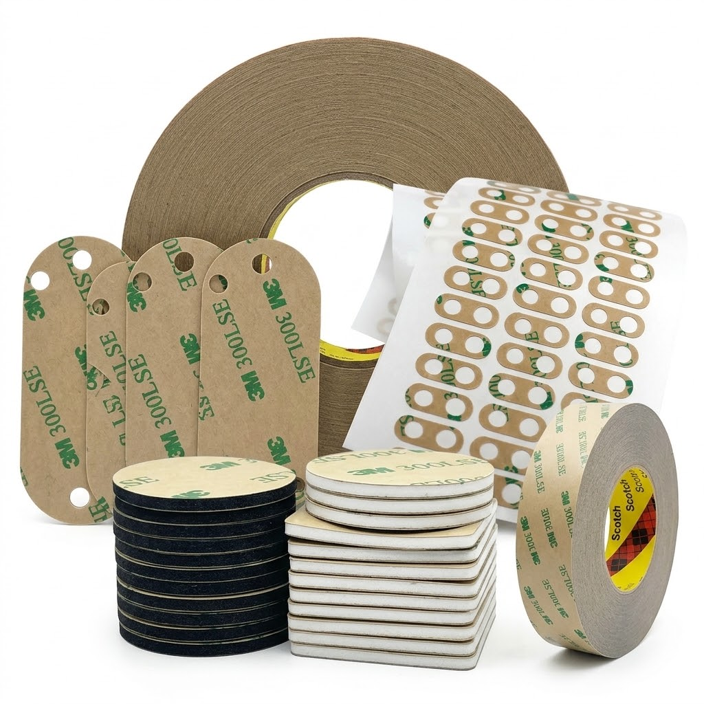 Die-cut 3M 300LSE double-coated tapes engineered for bonding low surface energy plastics and powder coatings