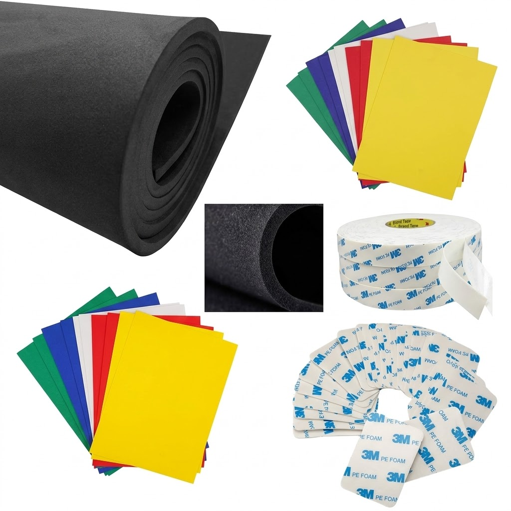 Cross-linked closed-cell EVA foam sheets and 3M 1600T double-coated PE foam tape pads for structural spacing and mounting