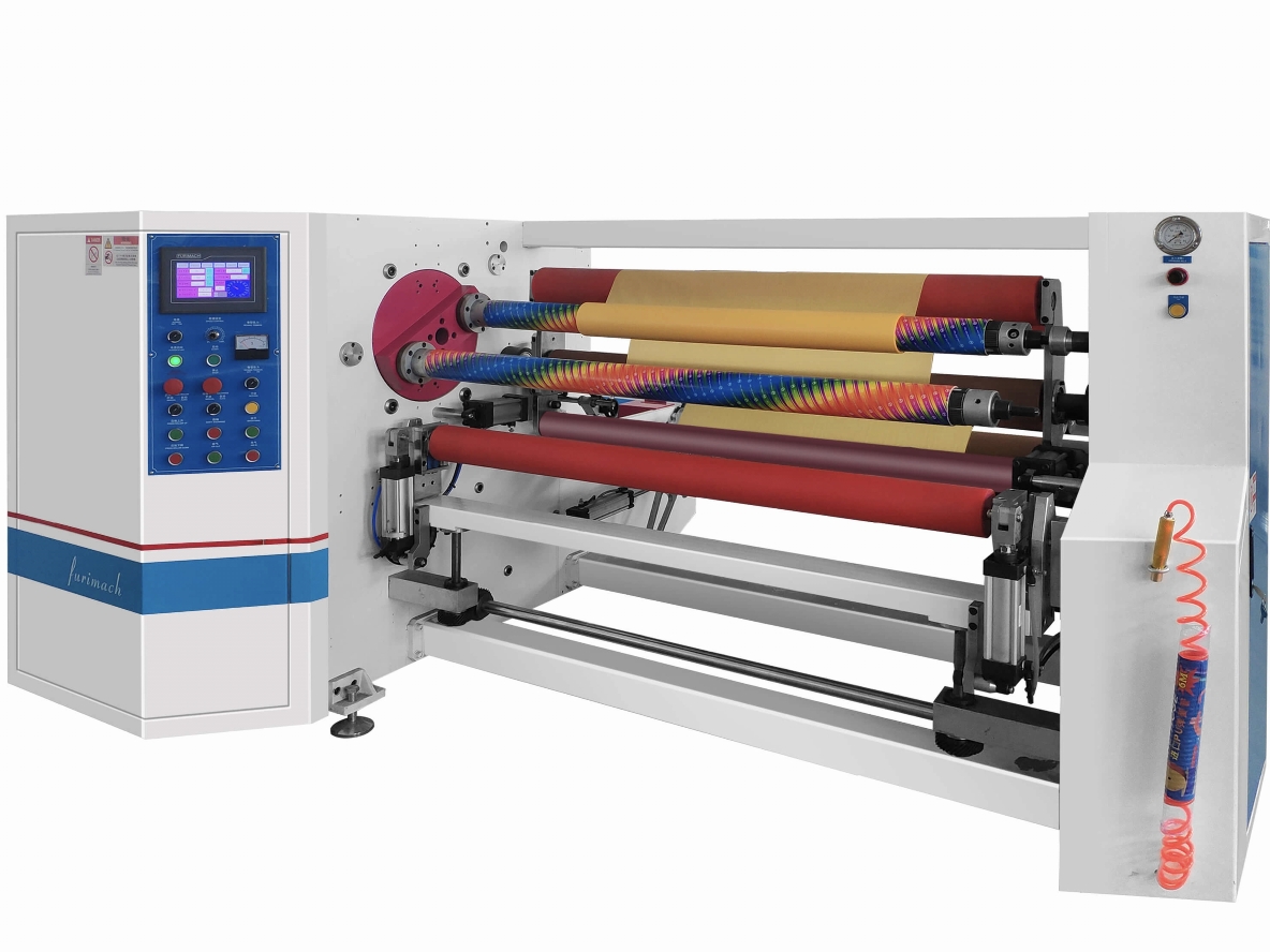 High-speed dynamic tension-controlled rewinding machine for custom roll length converting, liner exchange, and core size switching