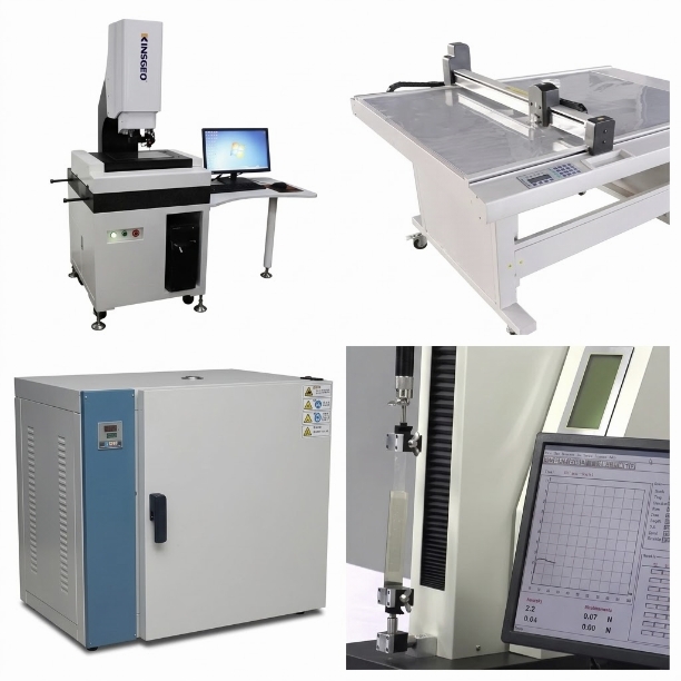 In-house testing and rapid prototyping equipment including 2D optical measurement, digital blade cutter, thermal aging oven, and 180-degree peel adhesion tester