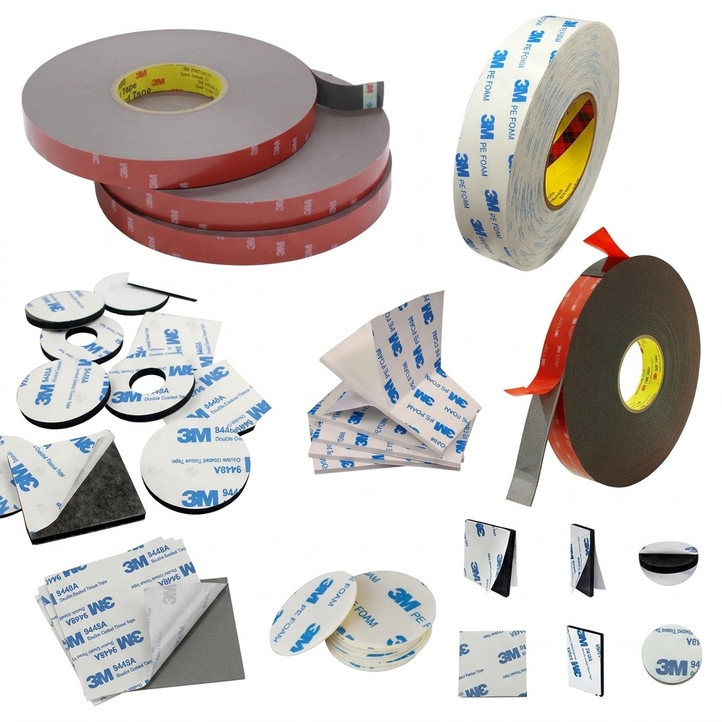 Pre-applied 3M pressure-sensitive adhesive backing laminated onto technical foams and dielectric insulation substrates