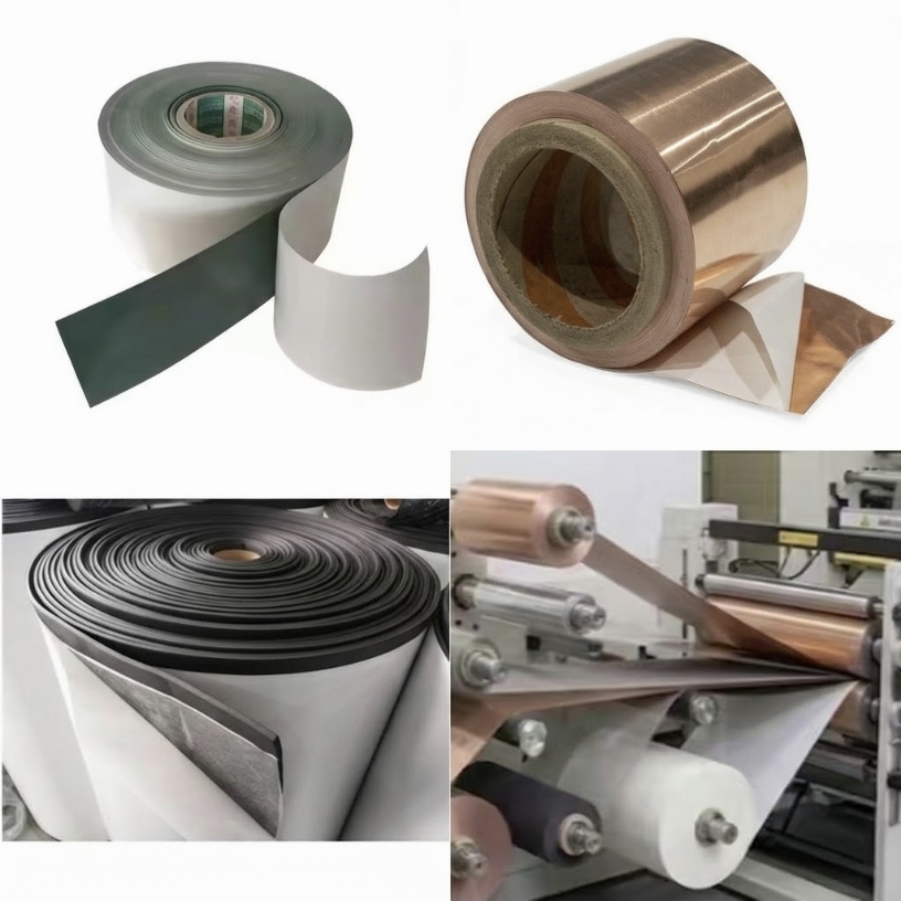 Four-panel showcase of precision material laminating capabilities featuring adhesive-backed PET film, copper shielding foil, converted foam rolls, and continuous multi-station nip lamination