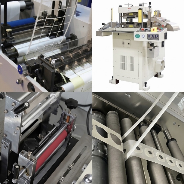 Four-panel overview of precision die-cutting equipment featuring high-speed rotary die-cutters, flatbed stamping press, web tension rollers, and inline waste stripping matrix