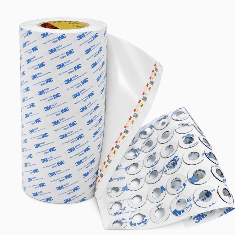 Precision-slit adhesive rolls prepared as upstream raw feed stock for rotary and flatbed die-cutting presses